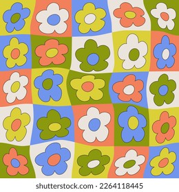 Nahtlose Muster groovy Ästhetik. Frühlingsstimmung. Frische Blumen. Retro-Hintergrund für Design und Karte, Umschläge, Verpackung, Verpackungspapier.