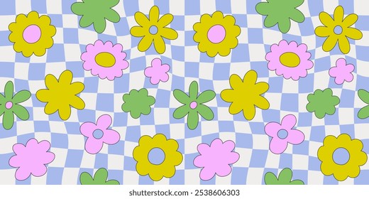 Padrão perfeito estético groovy. Humor de primavera. Flores bonitas. Fundo retro para design e cartão, tampas, embalagem, papel de embrulho.