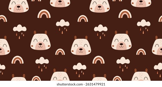 Seamless pattern with groovy bear face, rainbows and clouds. Cute retro groovy pattern for kids. Vector illustration