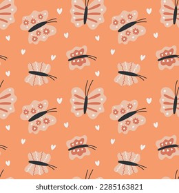 Seamless pattern groovy boho butterfly. Retro neutral background for print, textile, wrapping paper, fabric. Flat surface design