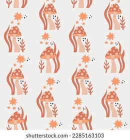 Seamless pattern groovy boho mushroom. Retro neutral background for print, textile, wrapping paper, fabric. Flat surface design