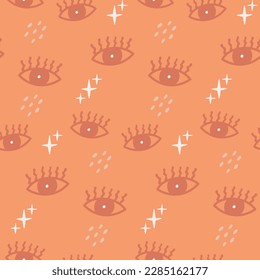 Seamless pattern groovy boho wavy eye. Retro neutral background for print, textile, wrapping paper, fabric. Flat surface design