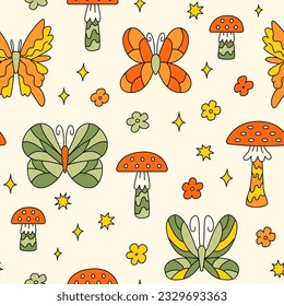 Seamless pattern with groovy butterflies and mushrooms. Vector background in retro 1970 style