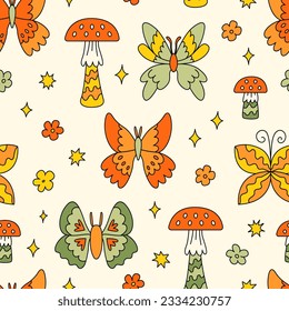 Seamless pattern with groovy butterflies and mushrooms. Vector background in retro 1970 style