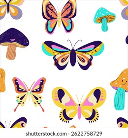 Seamless pattern groovy butterfly mushrooms flat vector, vibrant color