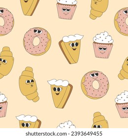 Seamless pattern of groovy cake, croissant, donut and cupcake. Cartoon character in trendy retro style on pink background. Vector illustration