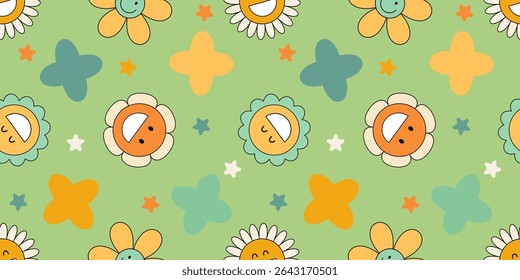 Seamless pattern with groovy cartoon flowers. 70s psychedelic vibe perfect for textile, wrapping paper, poster. Cute retro floral design. Fun and playful hippie-inspired backdrop