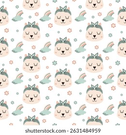 Seamless pattern with groovy cat face, rainbow and flowers. Cute retro groovy pattern for kids. Adorable hand drawn vector design in flat cartoon style