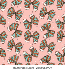 Seamless Pattern Groovy Christmas Pencils Bow Festive Doodle isolated on background