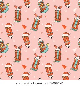 Seamless Pattern Groovy Christmas Pencils Festive Doodle isolated on background