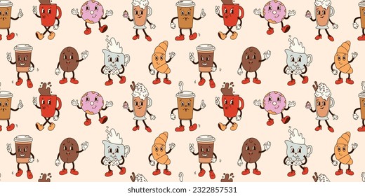 Seamless pattern with groovy coffee characters in old cartoon classic flat style on beige. Mug, coffee to go, donut, cappuccino, croissant, bean. For print, textile, background