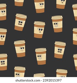 Seamless pattern of groovy coffee cup. Cartoon characters in trendy retro style on grey background. Vector illustration