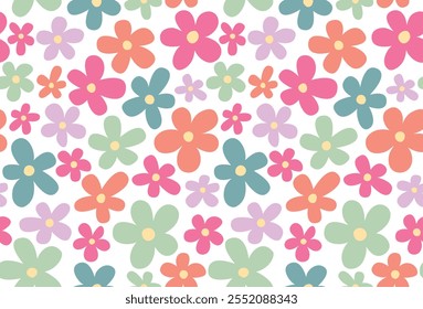 Padrão contínuo com flores coloridas groovy margaridas. Fundo plano floral bonito