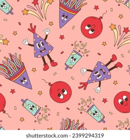 seamless pattern with groovy confetti cracker, balloon, firework
