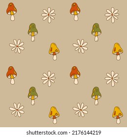 Seamless pattern with groovy daisy flowers and mushrooms in doodle style. Retro floral vector background surface design for textile, stationery, wrapping paper, covers in 1970s style.