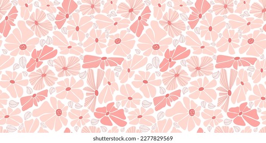 Seamless pattern with groovy daisy flowers. Floral horizontal transparent background. Vector Illustration. Aesthetic modern art hand drawn for wallpaper, design, textile, packaging, decor 