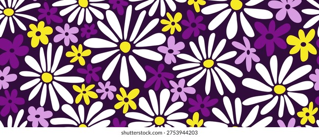 Seamless pattern with groovy daisy flowers on dark. Hippie retro style floral print. Great for fabric, textiles, wrapping paper