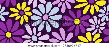 Seamless pattern with groovy daisy flowers on dark. Hippie retro style floral print. Great for fabric, textiles, wrapping paper