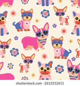 seamless pattern with  groovy Dog, flowers, 