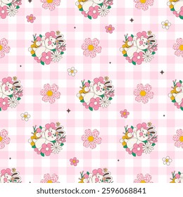 seamless pattern groovy easter bunny and spring flower on color background. vector illustration