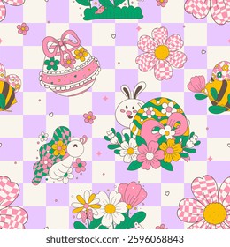 seamless pattern groovy easter bunny and spring flower on color background. vector illustration