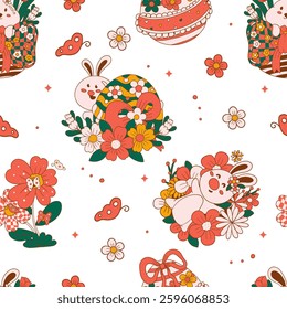 seamless pattern groovy easter bunny and spring flower on color background. vector illustration