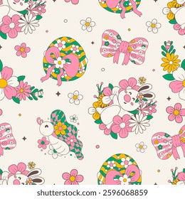 seamless pattern groovy easter bunny and spring flower on color background. vector illustration