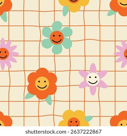 Seamless pattern groovy flowers colorful and smiling faces. 70s, 80s, 90s vibes plaid background. Abstract daisy and camomile emoji on squares. Vintage style