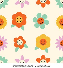 Seamless pattern groovy flowers colorful and smiling faces. 70s, 80s, 90s vibes plaid background. Abstract daisy and camomile emoji on squares.