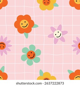 Seamless pattern groovy flowers colorful and smiling faces. 70s, 80s, 90s vibes plaid background. Vintage style