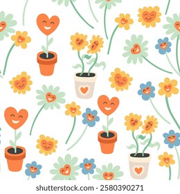 seamless pattern with groovy flowers in doodle style. Element for decoration design mail posts postcards poster print invitation background backdrop wrapping wallpaper banner textile