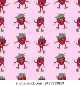 Seamless pattern with groovy fruit strawberry. Vector retro background illustration.