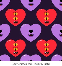 Seamless pattern groovy heart, valentine's day, character 