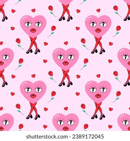 Seamless pattern groovy heart, valentine's day, character 