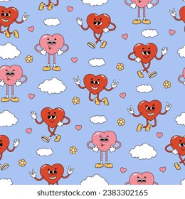 Seamless pattern of groovy hearts characters, flowers and clouds. Cartoon characters and elements in trendy retro style on blue background. Vector illustration