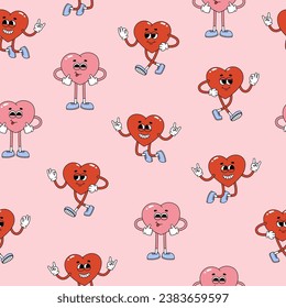 Seamless pattern of groovy hearts characters. Cartoon characters in trendy retro style on pink background. Vector illustration