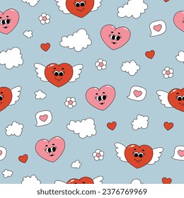 Seamless pattern of groovy hearts, flowers and clouds. Cartoon characters and elements in trendy retro style on blue background. Vector illustration