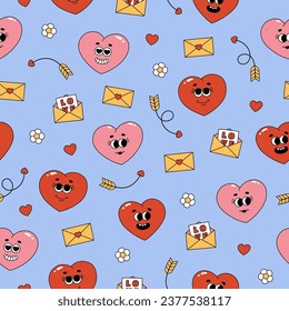 Seamless pattern of groovy hearts, flowers and envelopes. Cartoon characters and elements in trendy retro style on blue background. Vector illustration