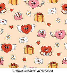 Seamless pattern of groovy hearts, flowers, envelopes and gift boxes. Cartoon characters and elements in trendy retro style on pink background. Vector illustration
