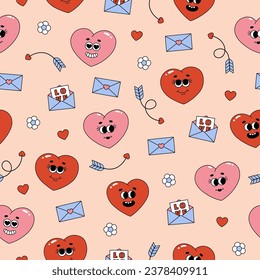 Seamless pattern of groovy hearts, flowers and envelopes. Cartoon characters and elements in trendy retro style on pink background. Vector illustration