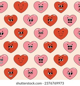 Seamless pattern of groovy hippie hearts. Cartoon characters in trendy retro style on pink background. Vector illustration