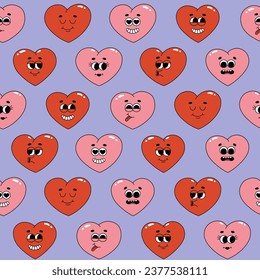 Seamless pattern of groovy hippie hearts. Cartoon characters in trendy retro style on blue background. Vector illustration