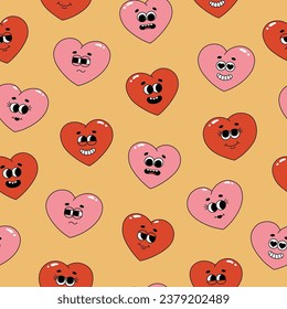 Seamless pattern of groovy hippie hearts. Cartoon characters in trendy retro style on yellow background. Vector illustration