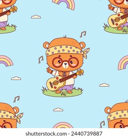 Seamless pattern with groovy hippy bear boy. Cute animal with guitar on blue background. Funny retro kawaii character. Vector illustration in trendy 70s style. Kids collection