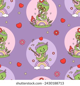 Patrón sin costuras con serpiente hippy groovy. Lindo reptil niña y niño en arco iris sobre fondo púrpura con corazones. Divertido personaje kawaii retro. Ilustración vectorial en el estilo de moda de los años 70