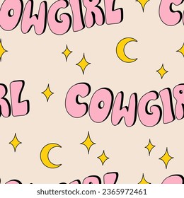 Seamless pattern with groovy lettering cowgirl, moon and stars. Funky vector background