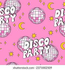 Seamless pattern with groovy lettering disco party, disco balls and stars. Vector holiday background in retro style