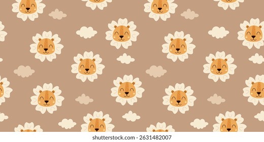 Seamless pattern with groovy lion face and clouds. Cute retro animal face pattern. Adorable hand drawn vector design in flat cartoon style for kids prints
