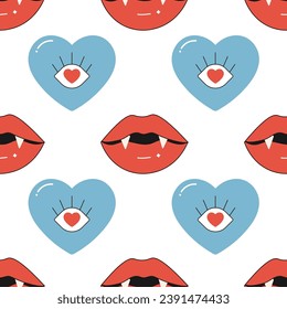 seamless pattern groovy lips and heart, love