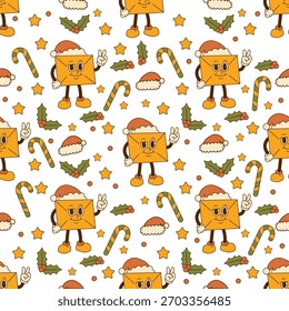 Seamless pattern with a groovy mascot envelope in a New Year's hat, lollipops, stars and holly leaves, made in a retro palette with a light vintage mood